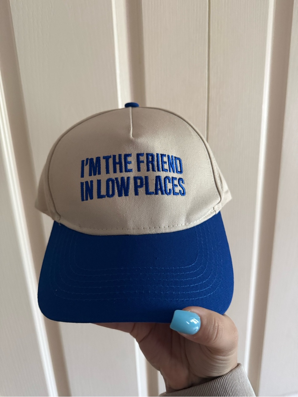 Cream and Blue Embroidered Slogan Baseball Cap